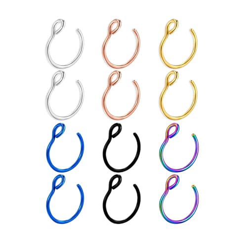 Amzlysdok 12PCS Fake Nose Ring, Multiple Colors Fashion Clip On Nose Ring Hoop,No Piercing Needed Nose Cuff,Faux Piercing for Women, Men(8mm)