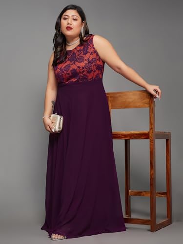 Image of Miss Chase A+ Women's Round Neck Sleeveless Georgette Floral Lace Fit & Flare Maxi Dress