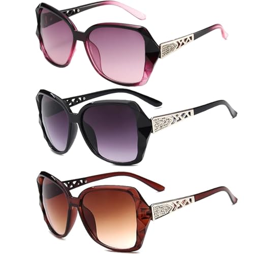 JISRKP 3 Pcs Sun Glasses Women UV400 Protection Womens Sunglasses, Oversized Ladies Sunglasses With UV Protection, PC Material Formal Style for Outdoor Activities