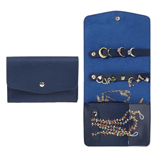 Fadcaer Jewellery Rolls for Travelling,Jewellery Organiser Leather Jewellery Travel Case,Mini Portable Jewellery Storage Roll for Rings Necklaces Bracelets Earrings,Blue