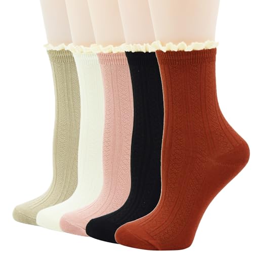 Image of Women's Trim Ruffle Frilly Turn Cuff Socks - Cute Vintage Dress Crew Ankle Boot Socks