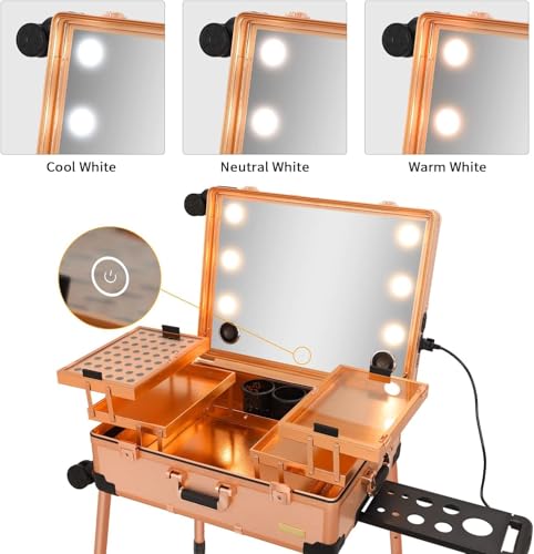 Image of Adson Rolling Makeup Trolley Makeup Box Case Train Vanity Case Storage Hairdressing Organiser for Salon, Artist Aluminum Cosmetic Storage Organizer with Light and Mirror (Rose Gold)