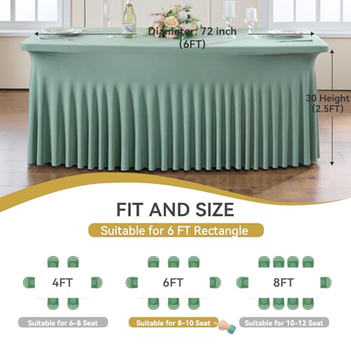 Image of Outpain Dusty Green Spandex Table Clothes for 6 Foot Rectangle Tables-2Pack 6FT Spandex Fitted Table Cover, Wrinkle Free Tablecloths with Skirt for Parties, Wedding, Birthday, Banquet, Festival
