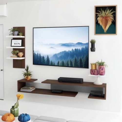 Image of MDF Wood Wall Mounted TV Unit, TV Stand Cabinet for 24 to 65 inches Smart TV (O Tv Cabinet, Brunette Wenge White)