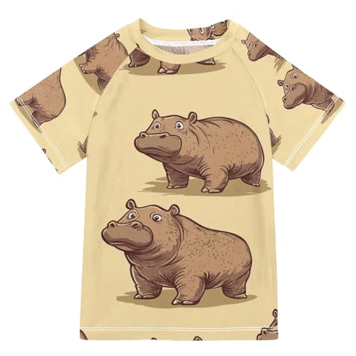 Boys Short Sleeve T-Shirts Hippo Brown Animal Rashguard Kids Swim Shirts Sun UPF 50+