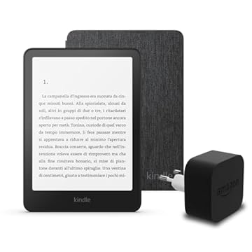 I'ultimo Kindle Paperwhite (versione 2024) da 16 GB senza pubblicità, una copertura in tessuto Amazon e un alimentatore Amazon Powerfast da 9 W.