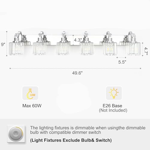 Image of GAOMON LED Modern Crystal Bathroom Vanity Lights Over Mirror, Chrome Bathroom Light Fixtures Wall Light (6-Light)