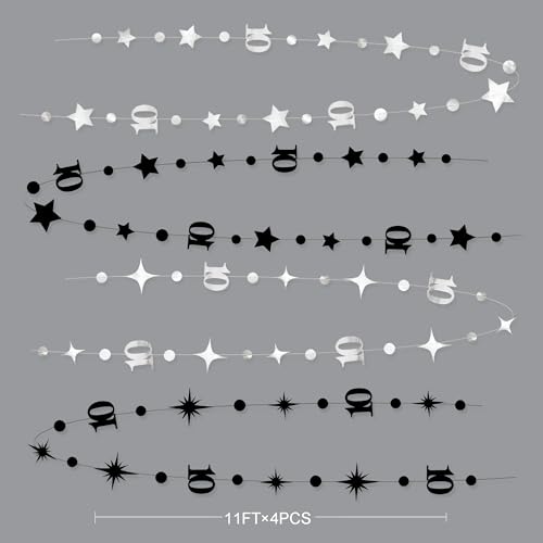 Image of Silver Black 10th Birthday Decorations Number 10 Circle Dot Twinkle Star Garland Metallic Hanging Streamer Backdrop for Girls Boys Double Digits Ten Years Old Birthday 10th Anniversary Party Decor
