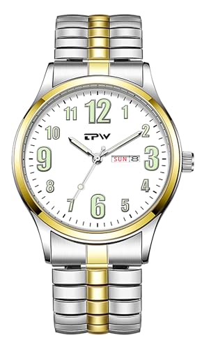 Gosasa Easy-to-Read Men’s Quartz Watch Large Numbers Luminous Elastic Strap Stainless Steel Stretch Band Waterproof Watches (Gold)