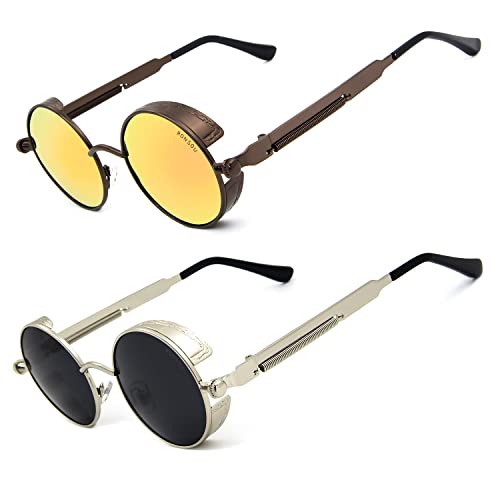 Image of RONSOU Steampunk Style Round Vintage Polarized Sunglasses Retro Eyewear UV400 Protection Matel Frame