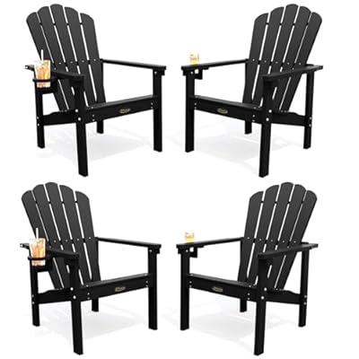 THOEOE Stackable Adirondack Chair Set of 4, HDPE All-Weather Adirondack Chairs - Durable and Space Saving, Plastic Outdoor Fire Pit Chairs with Cup Holder,Black