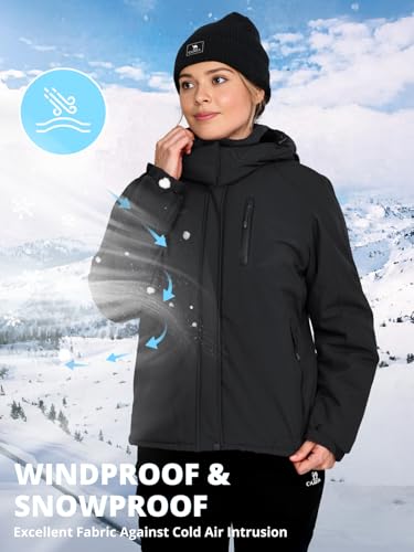 CAMEL CROWN Damen Warm Winter Skijacken Wasserdicht Schneemantel mit Kapuze Berg Winddicht Regenjacke, Black, Small