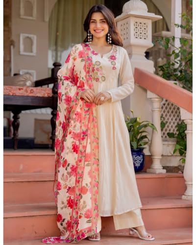 Image of KLOSIA Women's Anarkali Kurta Set with Floral Printed Dupatta | Embroidered Kurta Pant Set for Women | Cream Ethnic Wear | Festive, Wedding