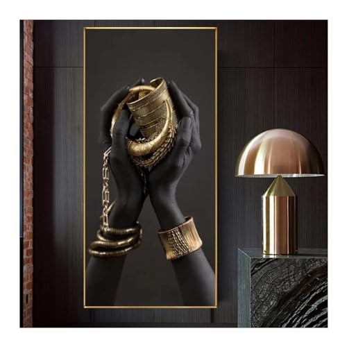 Art moderne main noire avec bijoux dorés grand tableau de salon