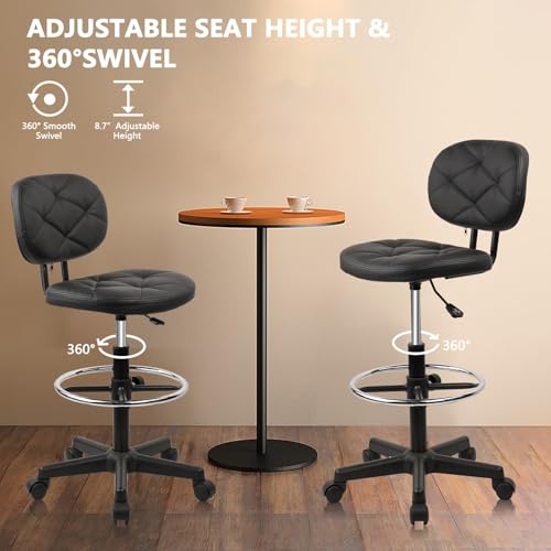 Image of KLASIKA PU Leather Rolling Stools with Foot Rest and Back Support, Adjustable Diamond Upholstered Drafting Chair with Wheels, Multi-Purpose Desk Chair for Home Office Bar Kitchen Shop, Black (2PK)