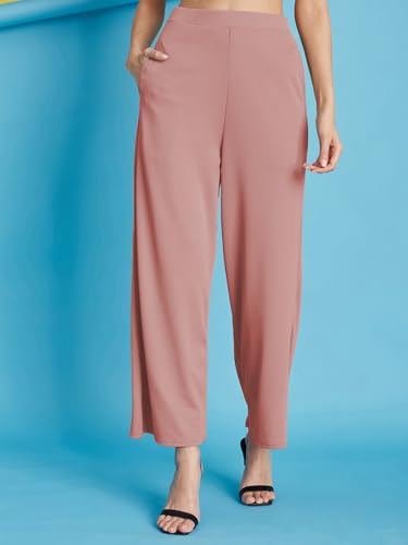 Image of Selvia Women's Solid Ribbed Lycra Elastic Regular Fit Wide-Leg Trouser
