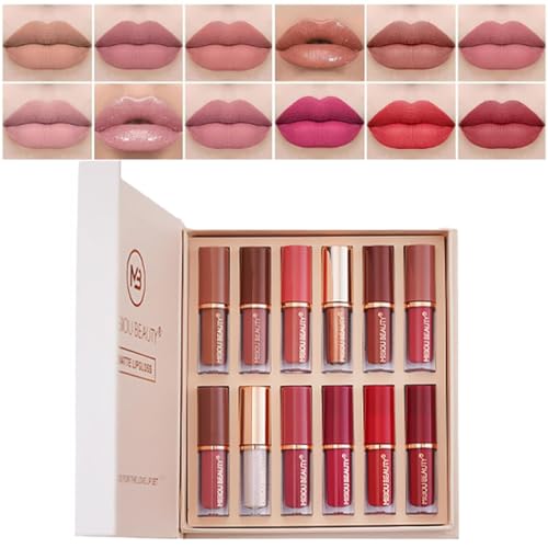 Pakivs 12Pcs Matte Liquid Lipstick Set, Longue Durée Imperméable Velours Lip Gloss Non-Stick Cup Nude Lip Stain Maquillage Kit Cadeau pour Femmes
