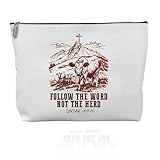 Forest Charger Bolsa de maquiagem ocidental, bolsa de cosméticos para vaca e montanha - Bolsa de cosméticos Christian Cowgirl, design de versículo bíblico 'Follow the Word', presente de rodeio baseado