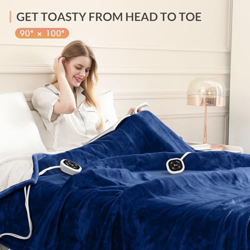 Image of HOMLYNS LuxeHeat Heated Blanket Electric Blanket King Size, Soft Flannel Sherpa Heating Blanket with 10 Heat Settings, 1-10 hrs Timer Auto Shut Off (90x100 inches, Navy), Only for 120V Voltage Use