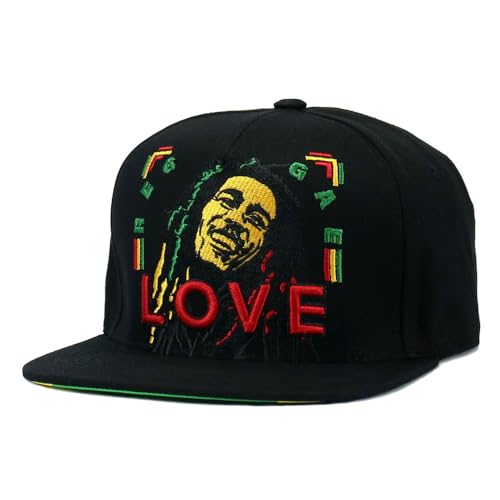 Jamaican Reggae Rasta Hat Musician Bob M Love Embroidered Snapback Flat Bill Baseball Cap Black