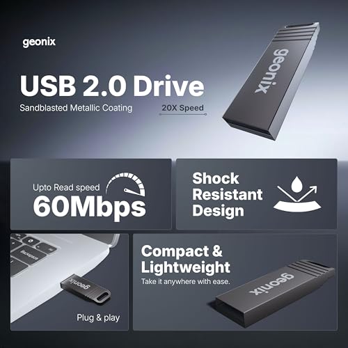 Image of Geonix Pendrive 16GB, Metal USB 2.0 Flash Drive, Ideal for Data Transfer & Storage, 5 Years Warranty (Black)