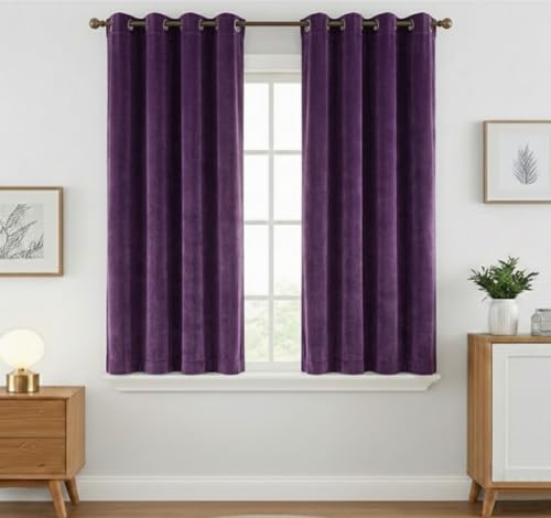 Image of Amazon Brand - Solimo Velvet Curtain Set of 2 (52x48 Inch) Plain Door & Window Curtains for Living Room & Bedroom |75% Light Blocking, Eyelet Curtains for Home Decor in Purple Color (4 feet x 4 feet)
