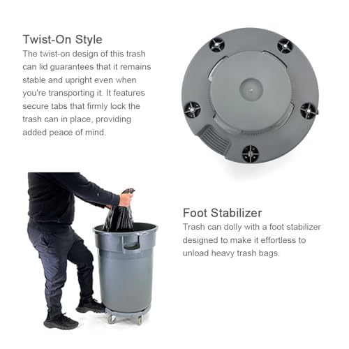 Image of Trash Can Dolly | Heavy-Duty Plastic | 5 Casters | Foot Stabilizer | 460 Lb. Capacity