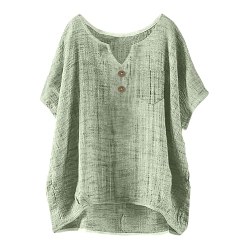 Image of linen shirts men, Ladies Tops 2026 Women's Summer Cotton Linen Short Sleeve T-Shirt V Neck Tunic Boho Top Going Out Fashion Baggy Solid Plain Casual Shirts Trendy Blouse Clothing Light Green