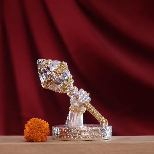 Image of Gold Art India Hanuman Gada Idol Gold & Silver Plated - Bajrangbali Symbolic Murti for Car Dashboard, Home Mandir & Office Decor | Spiritual Gift Item | 4 Inch