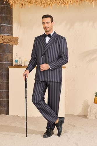 Men's 1920s Gangster Costume Pinstripe Suit Blazer Jacket Shirt Pants Set with Necktie Halloween Cosplay Outfits2