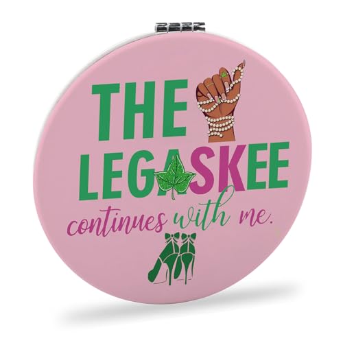 FEELMEM Espejo de maquillaje de recuerdo de hermandad The Legaskee Continues with Me - Espejo compacto de parafernalia de hermandad rosa y verde (espejo)