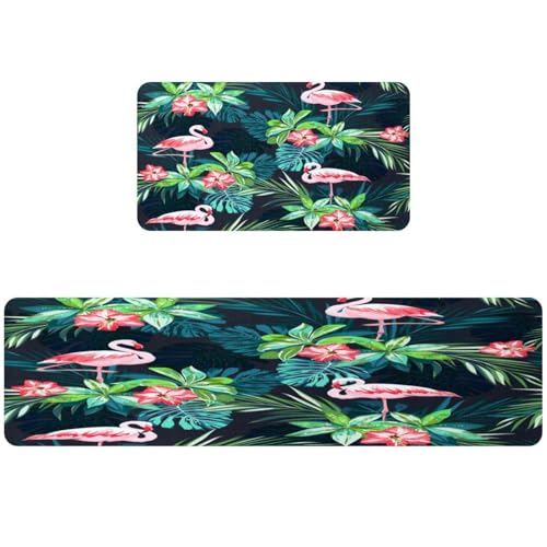 Tapete de cocina antideslizante con diseño de hojas tropicales y flamencos 2
