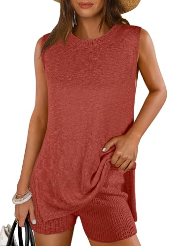 Image of ANRABESS Women Summer 2 Piece Outfits Sleeveless Knit Sweater Top & Shorts Soft Lounge Sets Travel Beach 2026 Spring Clothes Rust Small