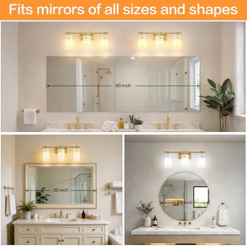 Image of SOLFART 3-Light Bathroom Vanity Light, Modern Brushed Gold Wall Lights with Milky White Clear Glass Shades, Bathroom Wall Sconce Lamp for Mirror Living Room Bedroom Hallway (Bulbs Not Included)