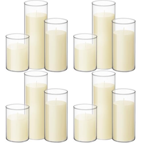 Shihanee Set di 12 candele cilindriche e vasi cilindrici in vetro, trasparenti, per candele sottili, centrotavola per matrimoni (8,6 x 12,9 cm, 17 cm, 24 cm, bianco avorio)