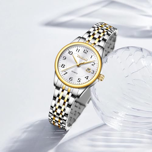 Taxau TAX-T-L8863GJ-JJB Silver And Gold Watches For Women Stainless Steel Band With Date Women Dress Watch For Small Wrist Easy Read Arabic Numerals Analog Quartz Women'S Watches Waterproof Classic Womens Watches thumb #3