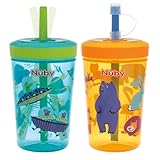 Nuby Thirsty Kids Super Sipper No-Spill Toddler Cup with 360° Silicone Valve & Swivel Straw - (2 Pack) 14 oz - Leak-Resistant with Easy Clean Design - Animals & Space