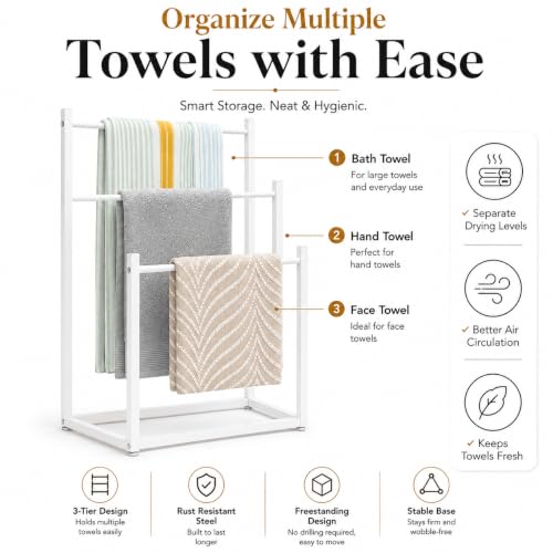 Image of Towel Rack Stand for Bathroom | 3-Tier Metal Towel Holder | Rust Resistant Powder-Coated Steel | Space Saving Towel Drying Stand for Bath Towels, Hand Towels & Blankets | White