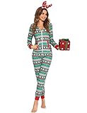 Orshoy Damen Schlafoverall Jumpsuit Einteiler Schlafanzug Weihnachtspyjama Fun-Nachtwäsche Anzug Freizeitanzug Geschenk für Erwachsene Kinder Familie Grün M