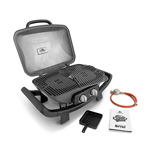 Draagbare 2-Brander Gasbarbecue Wayne, tafelgrill incl. afdekhoes, tot 300 °C, gietijzeren grill, 2 roestvrijstalen… - Afbeelding 4