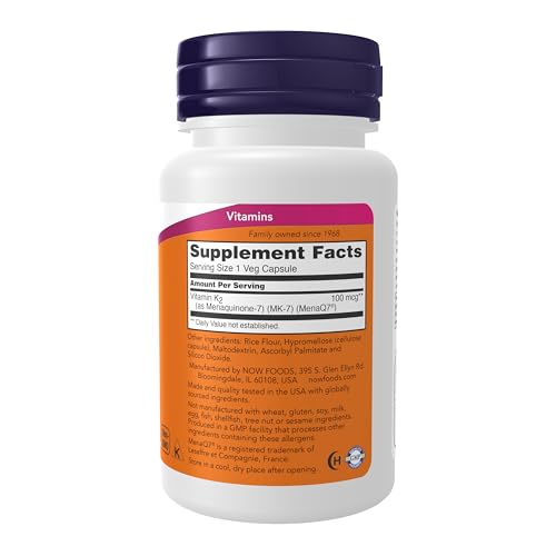 NOW Foods Supplements, MK-7 Vitamin K-2 100 mcg, Cardiovascular Support*, Supports Bone Health*, 60 Veg Capsules
