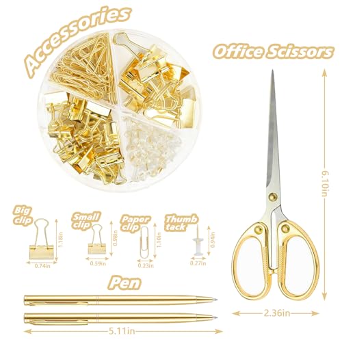 Image of Gold Office Supplies,UPIHO Gold Desk Accessories,Stapler and Tape Dispenser Set with Large Stapler,Tape Dispenser, Staple Remover, Staples, Clips,Scissor,Pen and Sticky Notes,Gifts for Office Clerks