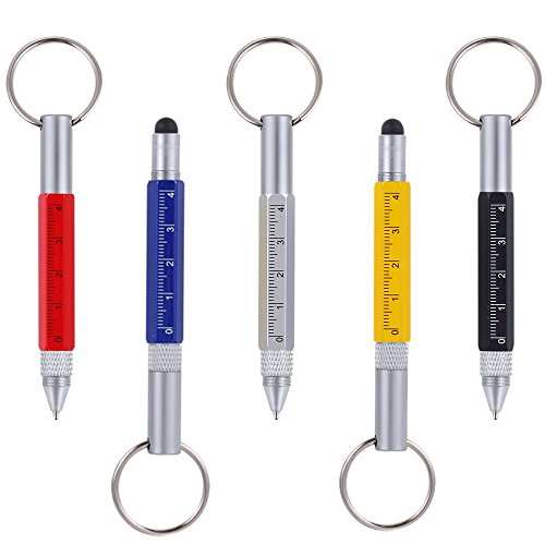 Shulaner 6 in 1 Small Metal Tech Tool Ballpoint Pens with Key Ring, Ruler, Stylus and Two-head Screwdriver, Multi functional Tool Fits for Mens or Women, Pack of 5