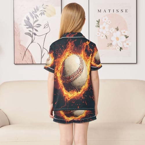 ALAZA Baseball Flame Retro Satin Pajamas Set Short Sleeve Button Down Sleepwear Summer Pjs 2 Piece4
