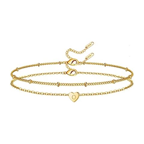 Glimmerst Heart Initial Bracelet for Women, 18k Gold Plated Stainless Steel Beaded Chain Layered Letter O Bracelet Personalized Name Bracelet Cover