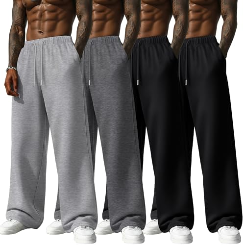 Neer 4 Pack Mens Lightweight Sweatpants Summer Wide Leg Drawstring Open Bottom Pants Gym Baggy Lounge Joggers with Pockets(Light Gray Dark Gray Black Black Large)