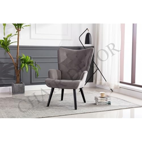 Image of Velvet Wingback Accent Chair for Living Room | Luxury High Back Tufted Armchair with Glossy Metal Legs | Modern Velvet Upholstered Lounge Chair for Home & Office | 1 Pc (Grey)