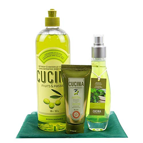 Fruits and Passion Kitchen Basics Bundle Dish soap Room Spray and Hand Butter Deluxe Set (Coriander and Olive Tree)