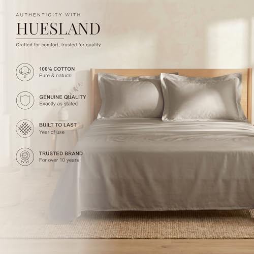 Image of Huesland Premium 100% Pure Cotton Luxe Soft Touch 300 Thread Count Bedsheet for Double Bed King Size with 2 Pillow Covers | Dessert Taupe | 108 x 108 inches