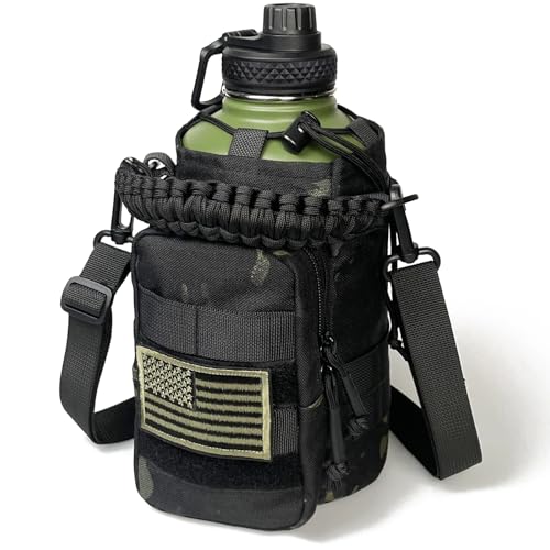 Image of 64 Oz Water Bottle with Sleeve - Military Green Half Gallon Insulated Water Jug with Handle - Stainless Steel Sports Bottle for Gym Workout Hiking Camo Black Pouch